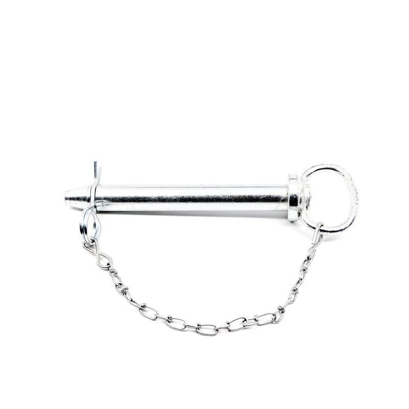 Heavy duty hitch pin, 1" x 7", less vinyl dip, double loop hairpin and 12" twist link chain attached with 